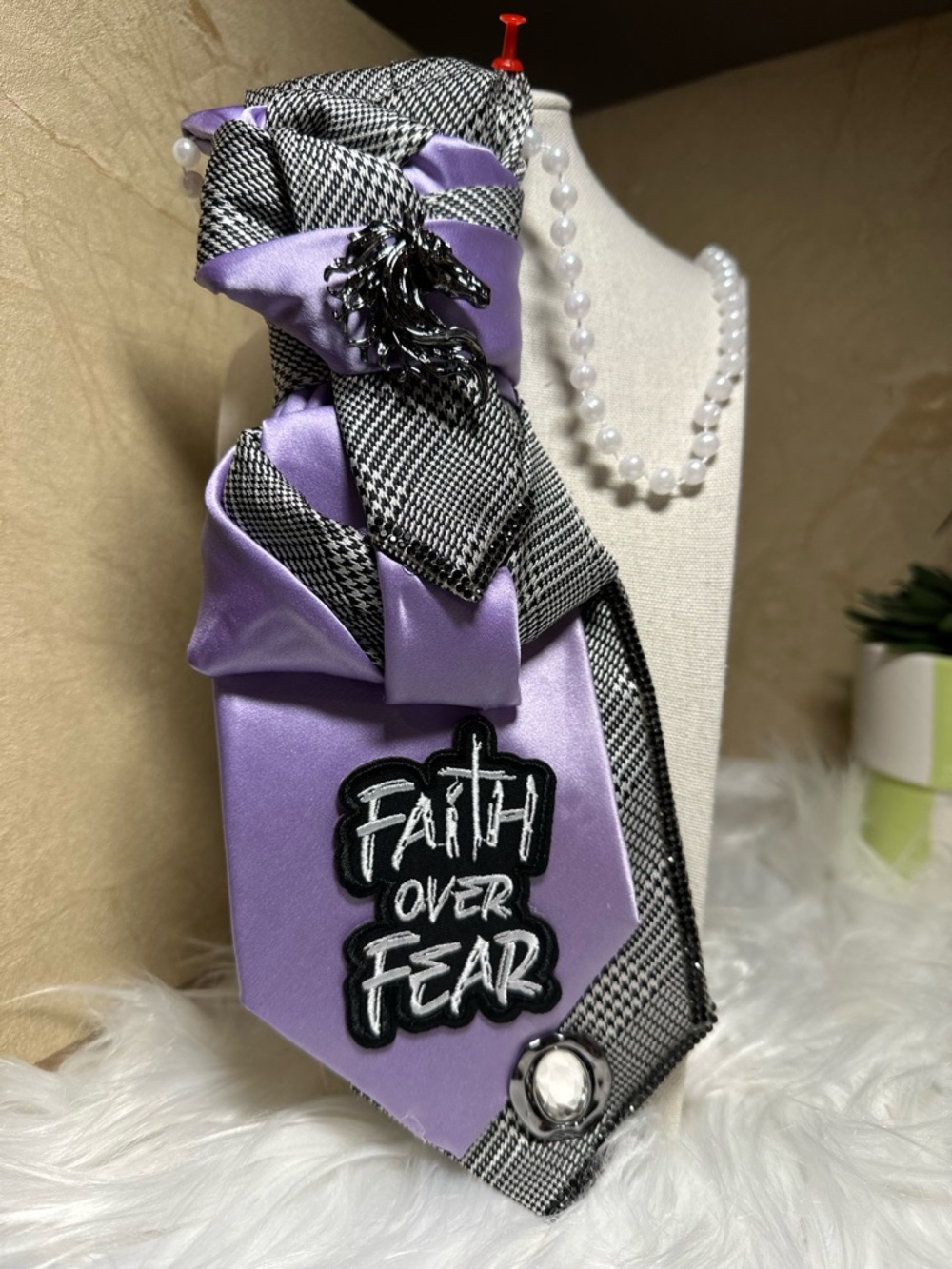 Lilac Satin & Black Houndstooth Statement Tie - "Faith Over Fear" Patch